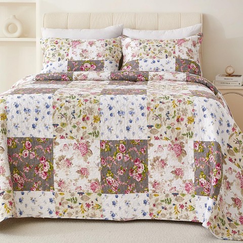 Acoinel Vintage Floral Patchwork Quilt Set - Reversible 3-Piece Bedding with Pillowcases,Queen