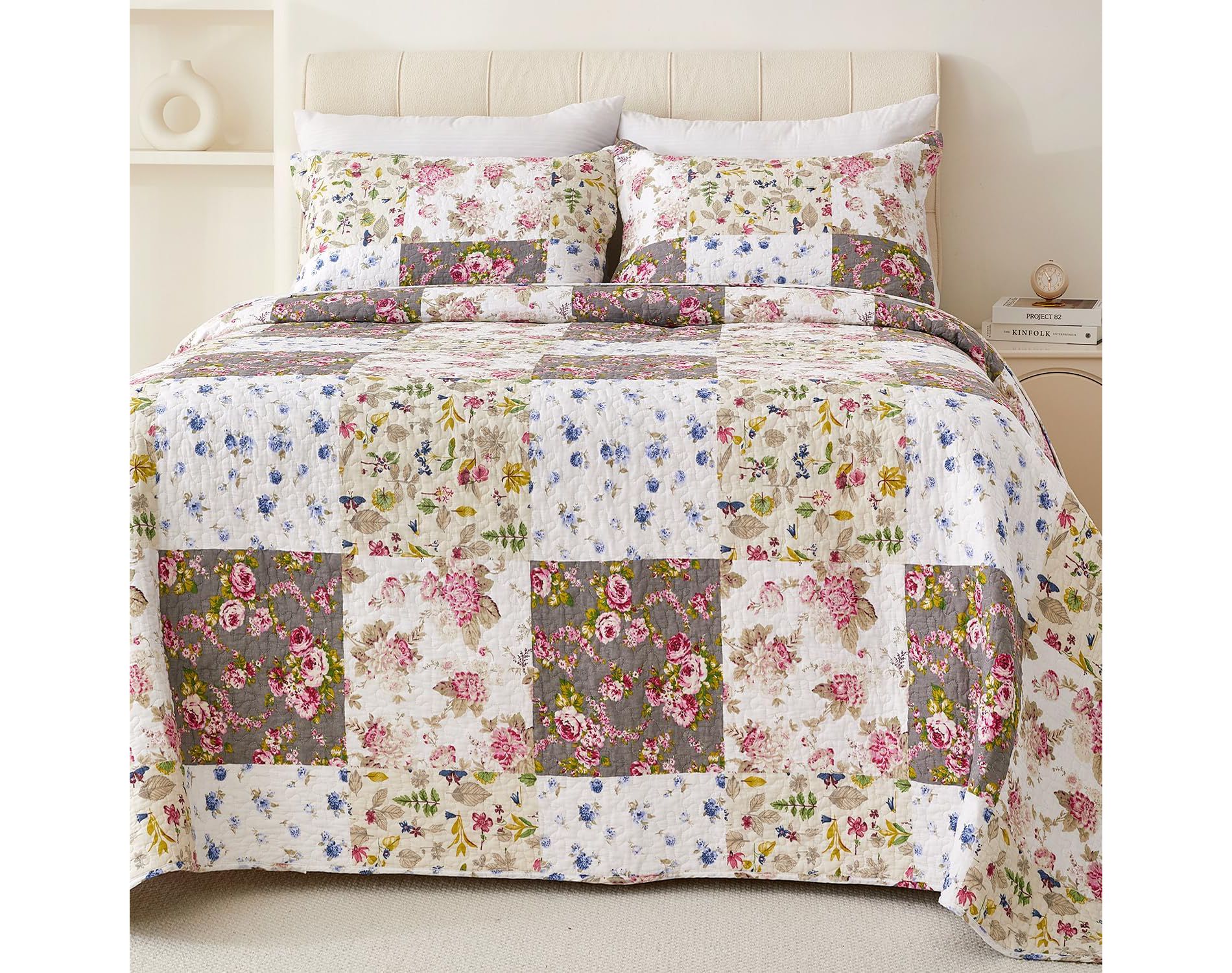 ACOINEL Vintage Floral Patchwork Quilt Set - Reversible 3-Piece Bedding with Pillowcases