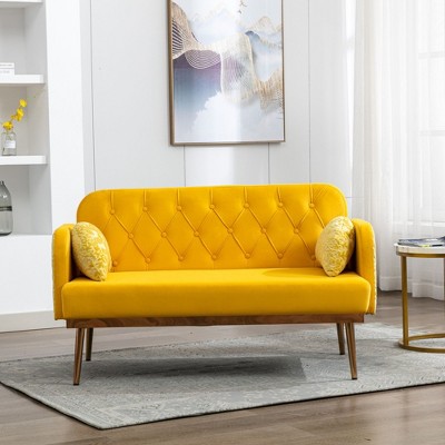 Modern Velvet Loveseat Sofa , Comfy Upholstered 2-Seater Sofa with Gold Metal Legs