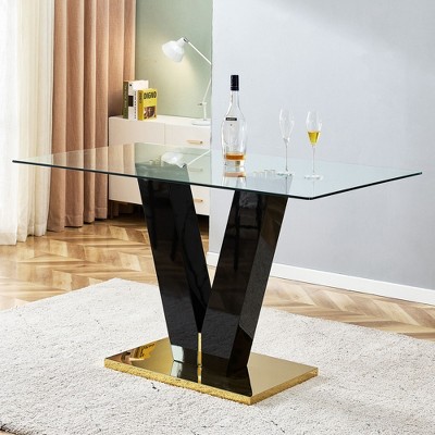 NicBex 63" Modern Rectangular Glass Dining Table Tempered Glass Tabletop with MDF slab V-Shaped Bracket for Kitchen