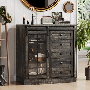 5 Drawers Storage Cabinet with Sliding Glass Door, LED Light, Wood Dresser - 1 of 4