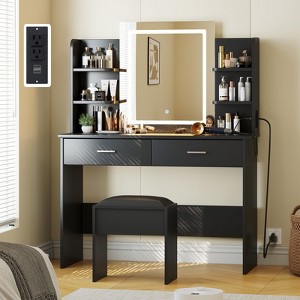 Vanity Desk with Mirror and Lights, Makeup Vanity Set w/Desk and Stool, Power Outlet, Vanity Table w/6 Storage Shelves - 1 of 4