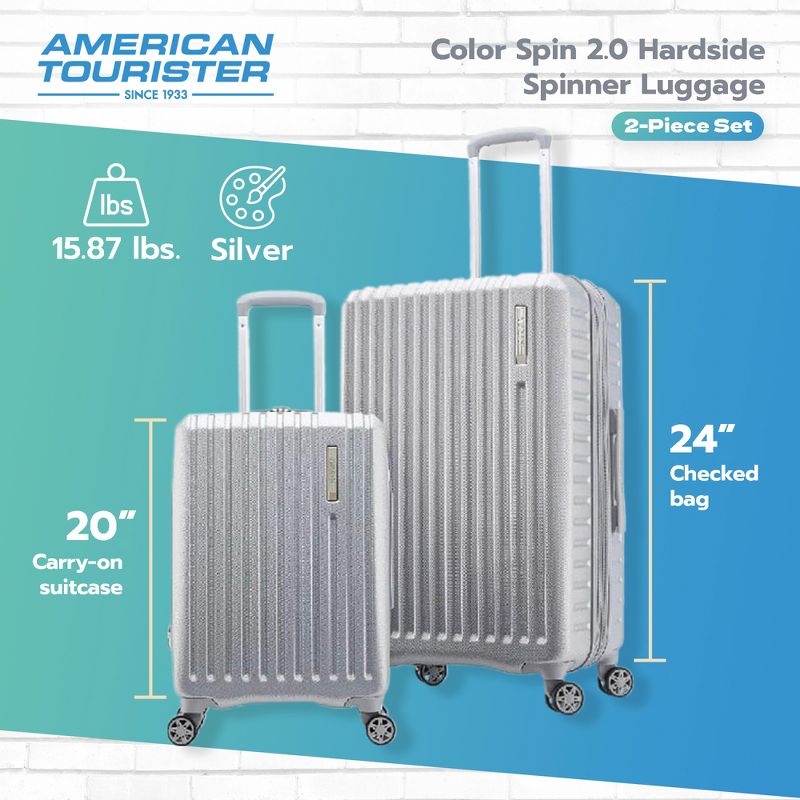 American Tourister Color Spin 2.0 2 Piece Hardside Spinner 20 Inch Carry On and 24 Inch Checked Bag Luggage Set with Adjustable Handle, Silver, 2 of 7