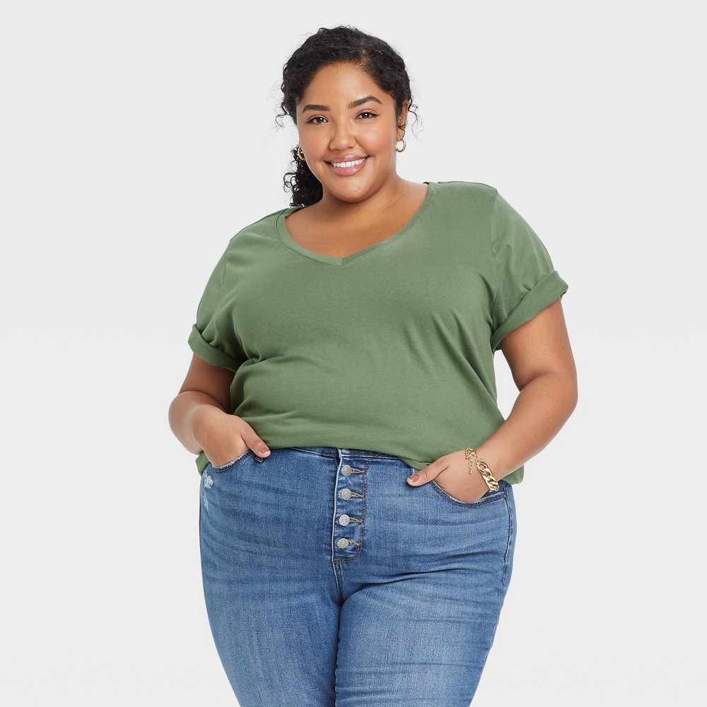 Women's Plus Size Short Sleeve V-Neck T-Shirt - Ava & Viv Olive Green 2X