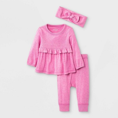 Image of Baby Girls' 3pc Cozy Top & Bottom Set with Headband - Cat & Jack™ Pink 3-6M