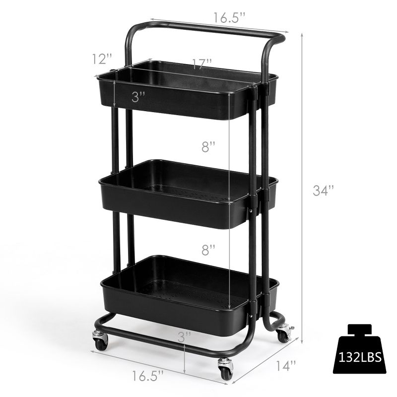 3 Tier Rolling Cart W/Wheels Practical Handle&ABS Storage Basket Organizer Black, 2 of 11