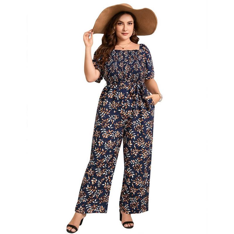 Whizmax Plus Size Casual Jumpsuits for Women Outfits Tie Belt Bell Sleeve Smocked Beach Wide Leg Floral Jumpsuits, 1 of 6