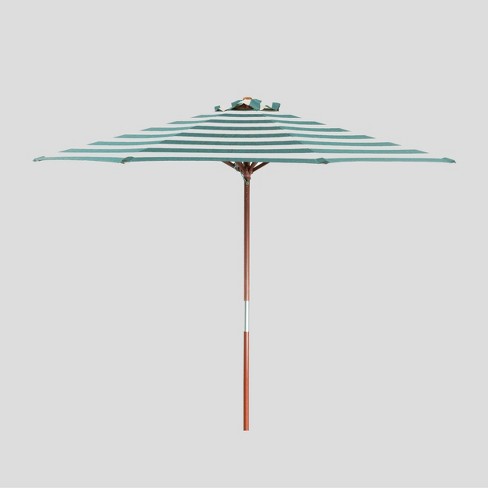9 Round Classic Wood Striped Market Umbrella Teal Ivory Parasol Target