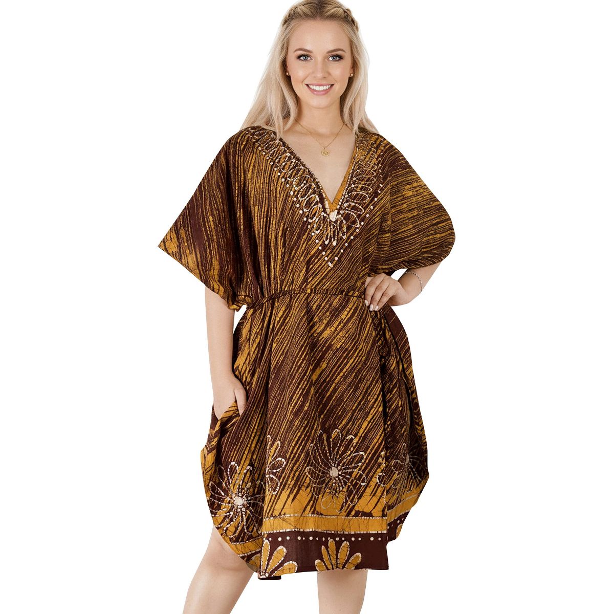 LA LEELA Summer Cotton Cruise Caftan Dress for Women Resortwear Vacation Holiday Pregnancy Wear Relaxed Beachwear Style 2X-3X Brown Floral
