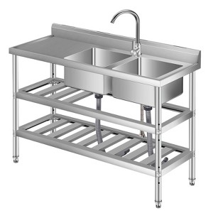 Stainless Steel Utility Sink, Freestanding Double Bowl with Pull-Out Hot & Cold Faucet, Storage Shelf - 1 of 4