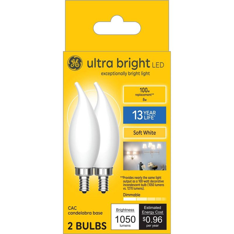 GE 2pk 8 Watts Soft White Candelabra Ultra Bright LED Decorative Light Bulbs, 5 of 8