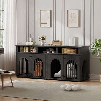 71'' Double Dog Crate Furniture – XL Indoor Dog Kennel with 3 Storage Shelves for 2 Medium Dogs