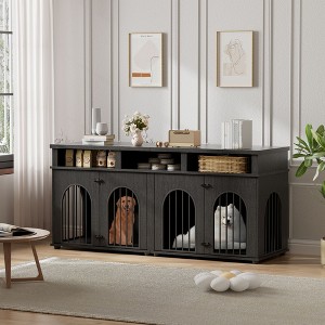 71'' Double Dog Crate Furniture – XL Indoor Dog Kennel with 3 Storage Shelves for 2 Medium Dogs - 1 of 4