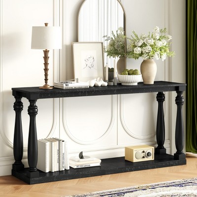 Pine Rectangular Console Table,Entryway Table with Vase-Legs Design and Lower Shelf,American Traditional Sofa Table for Living Room-Coolbibila