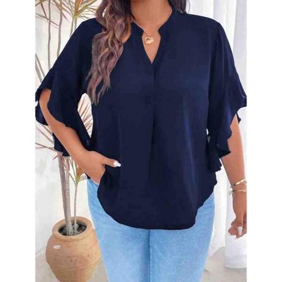Women's V Neck Ruffle Sleeve Blouse - Plus - Supreme Fashion
