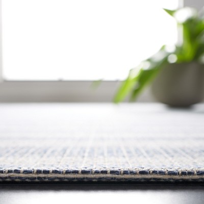 Ivory and Navy Striped Square Flat Woven Rug