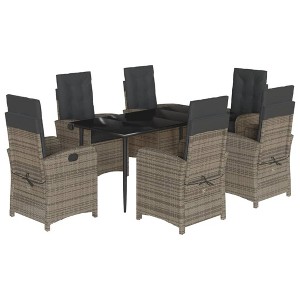 vidaXL 7 Piece Patio Dining Set - Cushions, Tempered Glass Tabletop, Adjustable Reclining Chairs, Gray Poly Rattan for Garden, Backyard, and Deck - 1 of 4