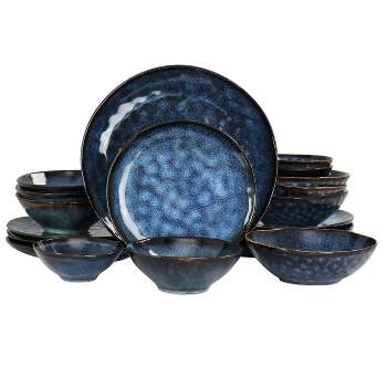 20pc Lucca Round Stoneware Triple Bowl Dinnerware Set Blue - Elama