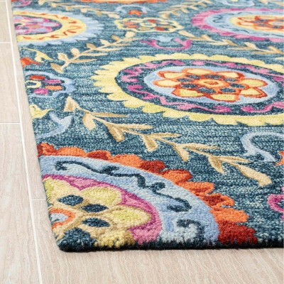 Handmade Blue and Multicolor Floral Wool 3' x 5' Area Rug