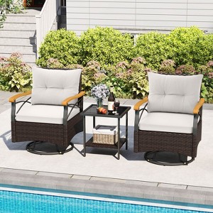 Costway 3 PCS Outdoor Swivel Chair Set with 2-Tier Tempered Glass Side Table Cushions Gray/White - 1 of 4