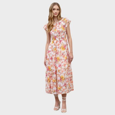 August Sky Women's Floral Smocked Ruffle Sleeve Tiered Midi Dress