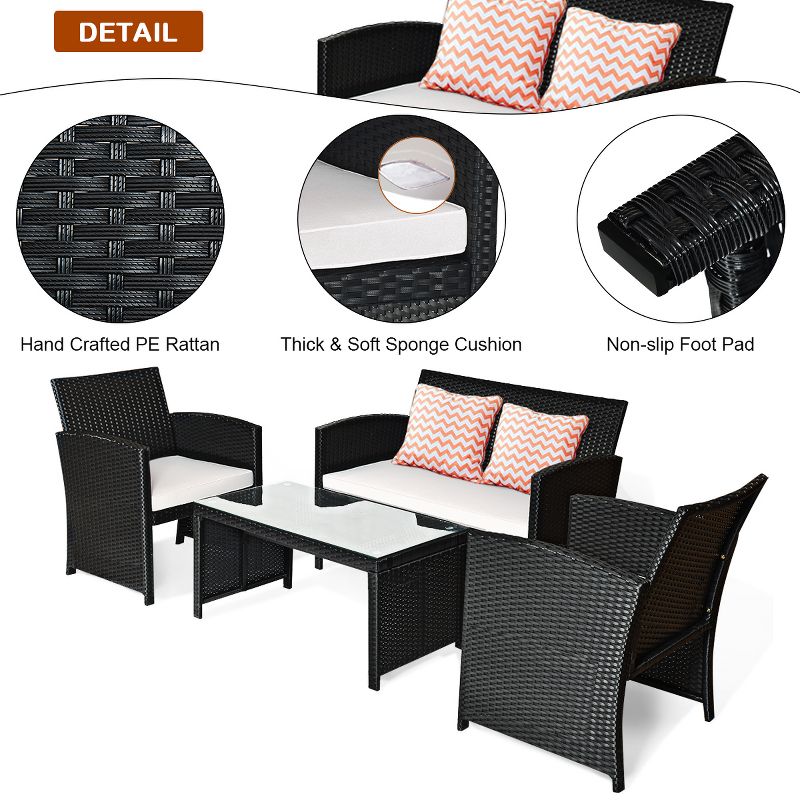 Costway 4PCS Patio Rattan Furniture Set Table &Sofa W/Cushion Garden Black, 5 of 10