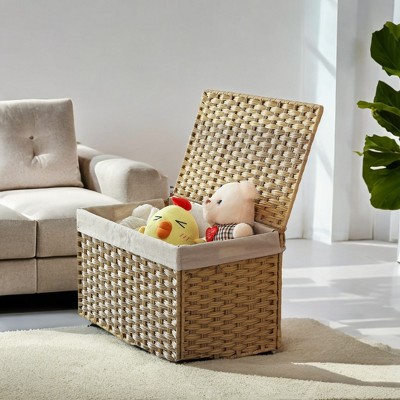 17.2 Gallon (65L) Storage Basket with Lid. This woven, foldable bin with handles and a metal frame comes with a removable liner.