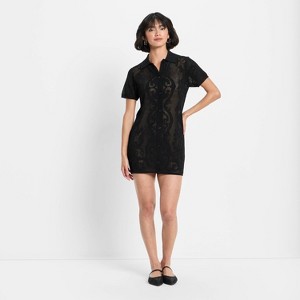 Women's Short Sleeve Mesh Button-Up Mini Sweater Dress - Future Collective - 1 of 3