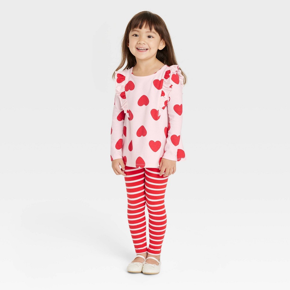 Toddler Girls' Heart Ruffle Top & Striped Leggings Set - Cat & Jack Pink 3T