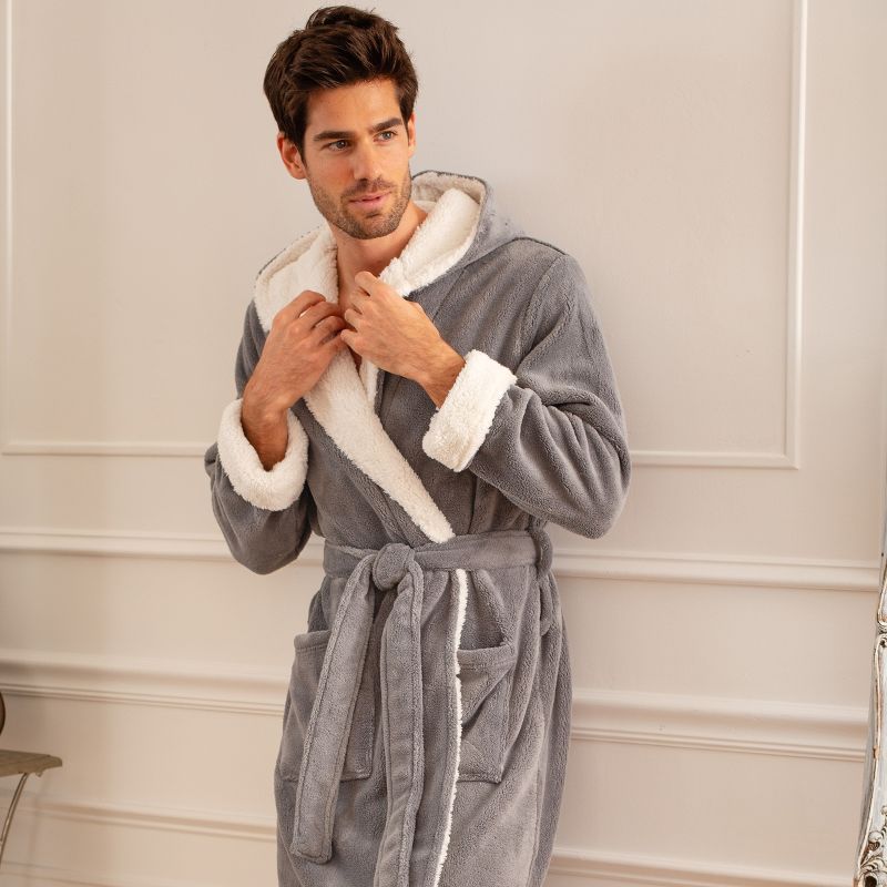 Men's Warm Winter Plush Hooded Bathrobe, Full Length Fleece Robe with Hood, 3 of 7