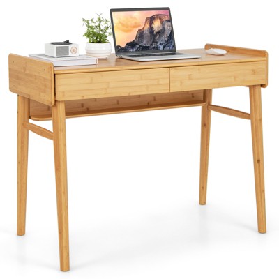 Tangkula 39.5” Bamboo Computer Desk Study Writing Desk with 2 Pull-Out Drawers Shelf & Cable Management Groove