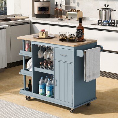 CuisinSmart Kitchen Island Cart, Rolling Kitchen Cart Cabinet with Drop Leaf, Adjustable Storage Shelves Kitchen Storage Island for Dining Room, Blue