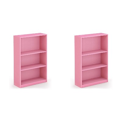 Furinno Jaya Home Simple Sleek Wooden 3 Tier Adjustable Open Bookcase Display Closet Storage Shelf for Living Room and Bedroom Spaces, Pink (2 Pack)