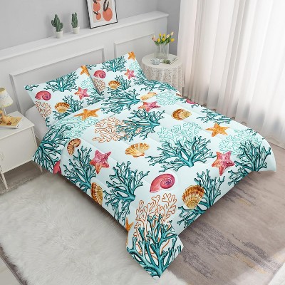 3Pcs Coastal Nautical Comforter Set Twin Size – Hawaii Ocean Bedding with Tropical Fish & Marine Life, 1 Comforter & 2 Pillowcases, Beach Quilt Set