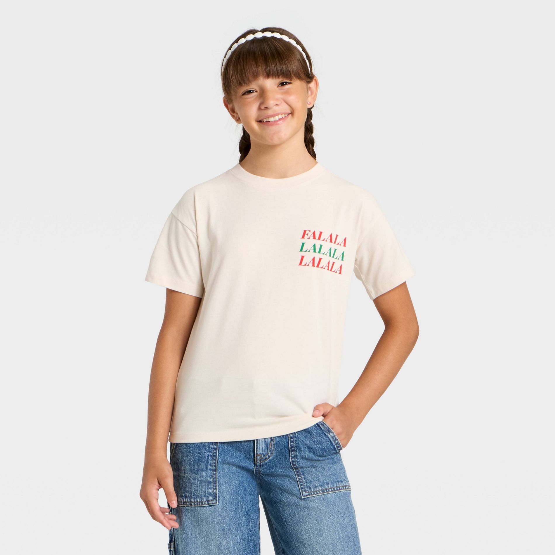Girls' Short Sleeve Christmas 'Falala' Oversized Graphic T-Shirt- Cat & Jack™ Beige