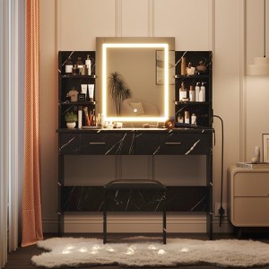Vanity Desk with Mirror and Lights, Makeup Vanity Set with Cushioned Stool, Power Outlet, 6 Storage Shelves - 1 of 4