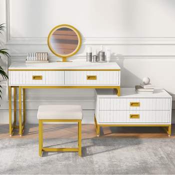 Modern Style Vanity Table With Side Cabinet, Stool And 4-Drawers, Makeup Table With Mirror and 3-Colors LED Light, White+Golden 4A - ModernLuxe