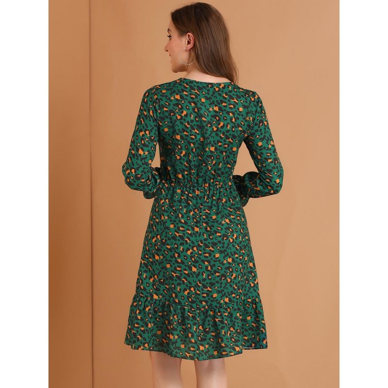 Allegra K Women's Floral Long Sleeve Printed Elastic Waist Ruffle Hem Knee Length Dress, 6 of 8