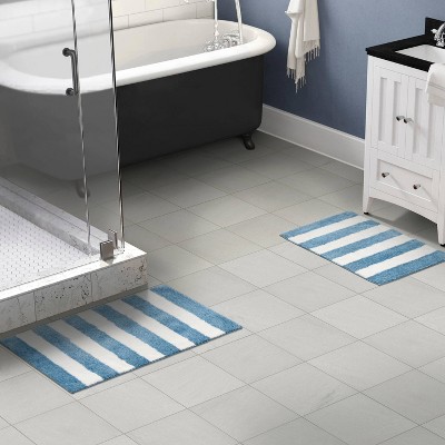 Basin Blue and White Striped Washable Nylon Bath Rug Set