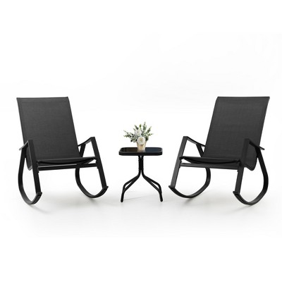 Pellebant 3 PCS Patio Bistro Set, Rocking Chairs with Tempered Class Coffee Table Side Table