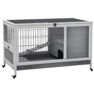 PawHut Wooden Rabbit Hutch Indoor Elevated Cage Habitat with No Leak Tray Enclosed Run with Wheels, Ideal for Rabbits and Guinea Pigs - 1 of 4
