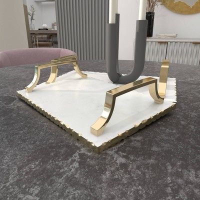 Gold and White Ceramic Rectangular Tray Set with Metal Handles