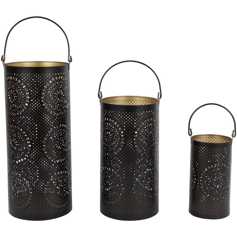Northlight Set of 3 Black and Gold Laser-Cut Floral Pillar Candle Lanterns 12.5", 4 of 8