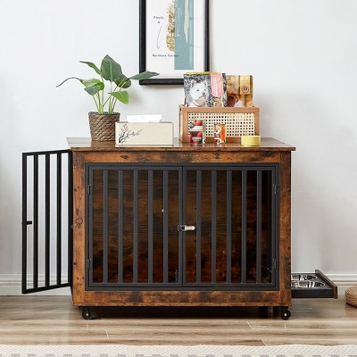 NicBex 38.58Inch Dog Crate Wooden Dog Kennel Furniture with Flip-Up Top End Table Dog Cage with 3 Doors and Wheels,Indoor Use,Rustic Brown
