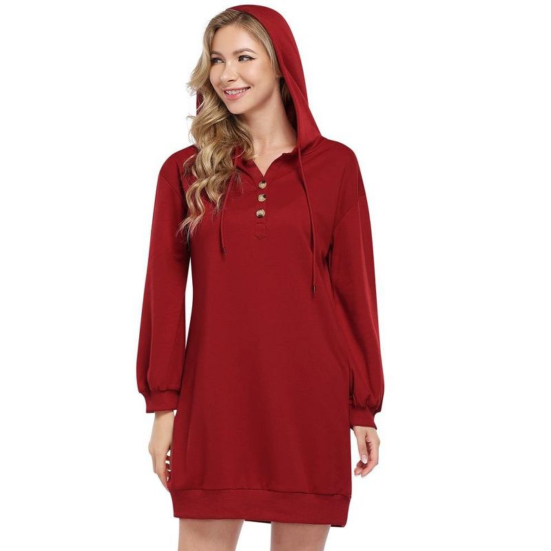 WhizMax Hoodies for Women Long Sleeve Sweatshirt Button Drawstring Casual V-neck Hoodie Dress, 4 of 8
