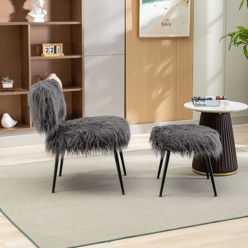 25''W Faux Fur Plush Accent Chair With Ottoman, Fluffy Upholstered Armless Chair With Stool-ModernLuxe, 2 of 8