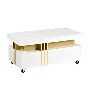 TiramisuBest Contemporary Coffee Table with Faux Marble Top, Rectangular Center Table with Gold Metal Frame & Caster Wheels for Living Room, Black - 1 of 4
