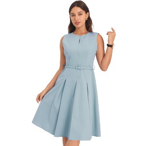 INSPIRE CHIC Women's Round Neck Sleeveless Zip Front Belted Fit Flare Work Dresses - 1 of 4