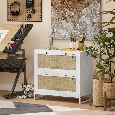 White and Rattan 2-Drawer Lockable Vertical File Cabinet