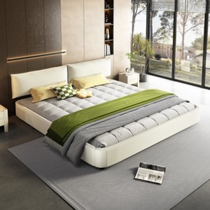 KWPZQEB King Size Platform Bed Frame with Movable Chenille Upholstered Headboard, Metal+Solid Wooden Slat Double Support, No Box Spring Needed - 1 of 4